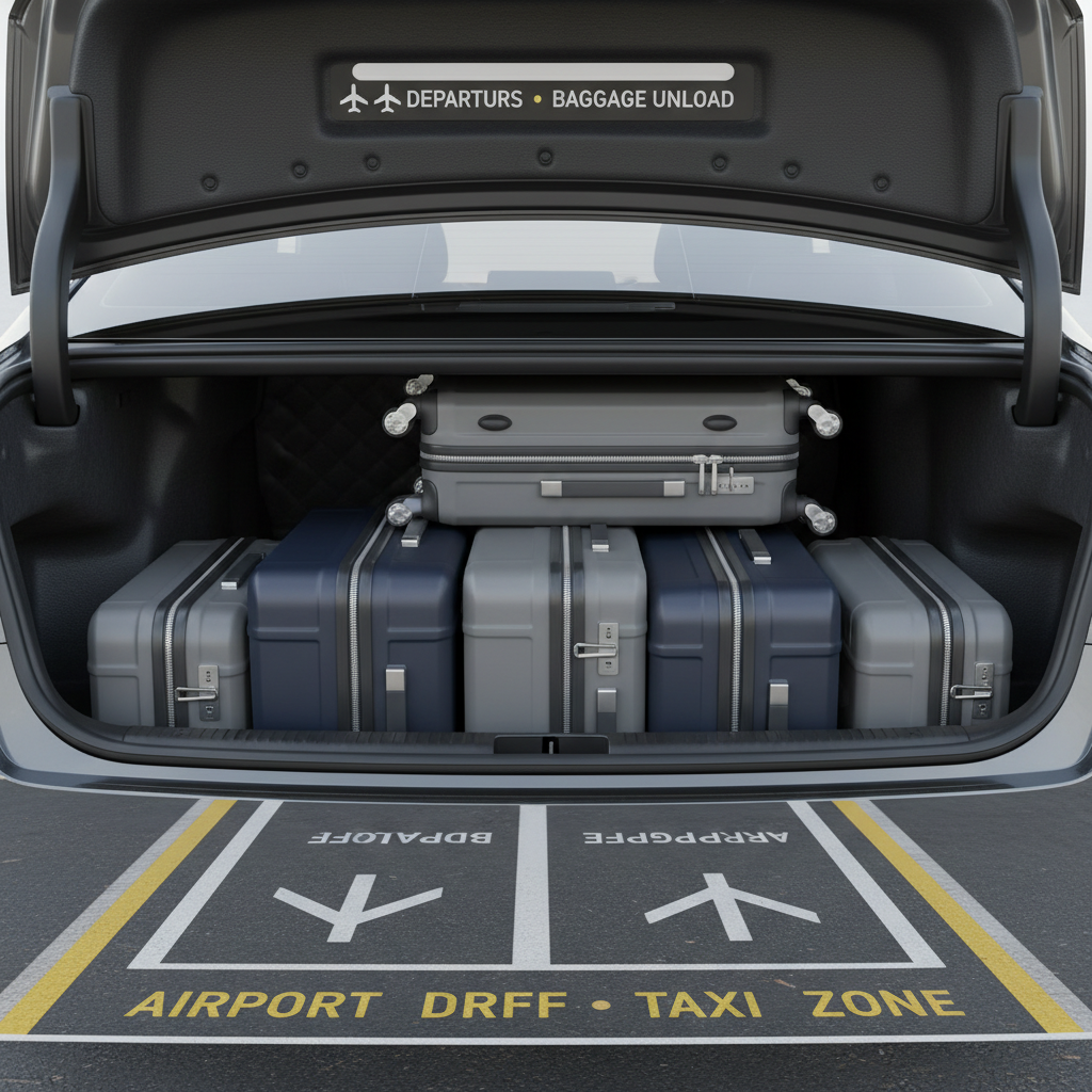 A meticulously clean, structured luggage trunk of a corporate taxi in smooth black leather interior, carefully loaded with modern, hard-shell suitcases—muted grey and navy—with polished zippers and neat organization. The trunk is open at a well-marked, minimalist airport drop-off point, with visible signage and geometric line markings on the pavement. Soft natural daylight illuminates the space, casting gentle shadows and accentuating the neat arrangement. This photograph employs a slightly elevated, symmetric composition to highlight orderliness and efficiency. The atmosphere feels composed, secure, and highly professional, with neutral tones and a crisp, photographic style supporting the business-oriented focus of reliable airport transfers.