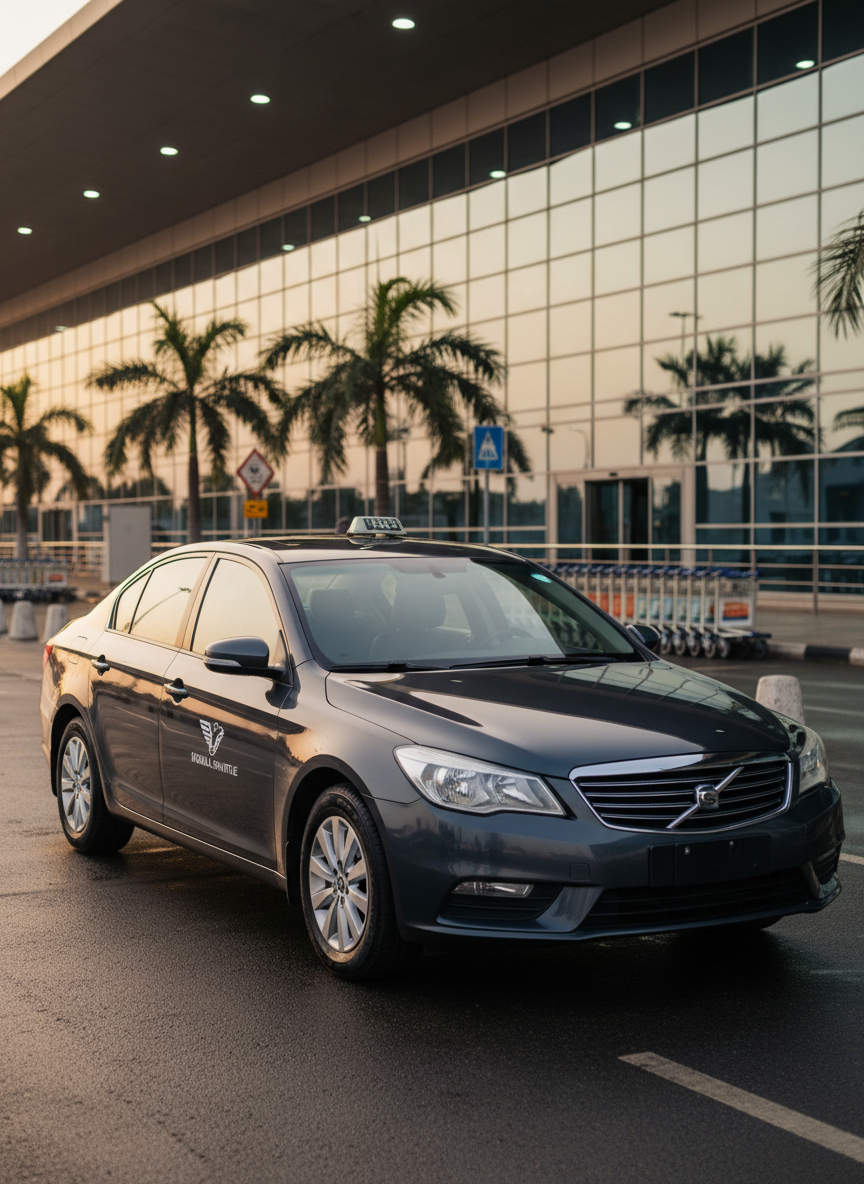 A spotless dark-silver airport taxi sedan with a subtle company emblem on the door, waiting curbside at Douala International Airport’s arrivals area. The vehicle’s paint reflects the glass façade of the terminal and the soft glow of overhead lights. Golden hour sunlight mixes with cool artificial lighting, casting clean reflections on the polished bodywork and wet-looking asphalt. Luggage trolleys, palm trees, and the terminal canopy are softly blurred in the background. Shot from a slightly elevated three-quarter front angle in sharp photographic realism, with a shallow depth of field that keeps the taxi in crisp focus. The mood is professional, reassuring, and organized, emphasizing reliable private airport shuttle service to city hotels.