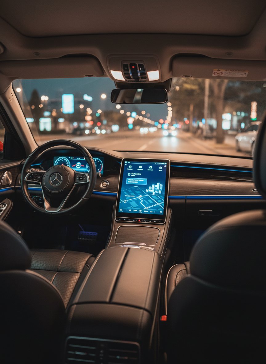 The interior of a premium airport taxi in Douala, captured from the back seat looking toward the front console in photographic realism. The leather seats are dark, impeccably clean, and subtly textured, with precise stitching highlighted by soft overhead lighting. The center console shows a sleek touchscreen with a minimal booking confirmation interface and a clear route map toward central Douala hotels, rendered without readable text. Outside the side window, the city lights of Douala form a gentle bokeh. The mood is quiet, secure, and comfortable, emphasizing private prebooked transport with modern booking systems and professional standards.