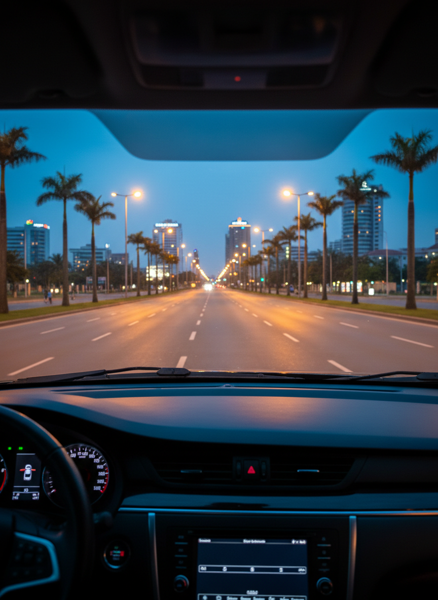 An elevated photographic view from just behind the windshield of an airport taxi driving smoothly along a wide, well-lit road from Douala International Airport toward the city skyline. The dashboard and steering wheel are in subtle foreground, while the road stretches ahead with clear lane markings, roadside palm trees, and illuminated hotel signs softly out of focus. Early evening blue-hour light combines with warm streetlights, creating a balanced, cinematic glow on the asphalt. The composition uses leading lines, drawing the eye toward Douala’s distant hotels and suggesting a seamless, direct shuttle service. The mood is confident, safe, and efficient, reinforcing the idea of a professionally managed private transfer.
