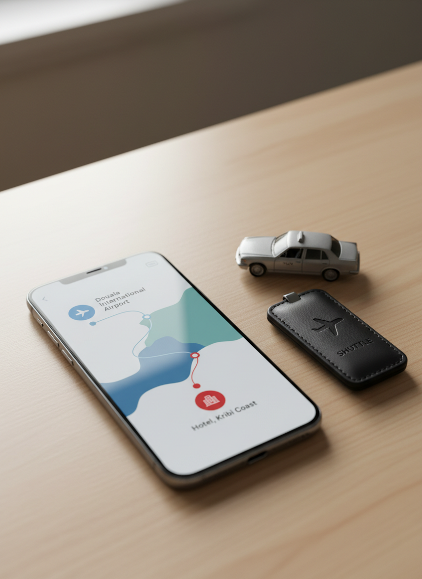 A modern smartphone resting on a clean wooden desk beside a small model car and a minimalist airport taxi key fob, all shot in crisp photographic realism. On the phone’s screen, a stylized, text-free booking interface shows pickup at Douala International Airport and drop-off at a hotel near the coast, abstractly indicating Douala and Kribi with icons and map shapes. Soft daylight from a nearby window creates gentle highlights on the phone’s glass and faint shadows from the objects. The composition is close-up with a shallow depth of field, emphasizing the simplicity of prebooking a private shuttle. The mood is orderly, professional, and user-friendly, underscoring the efficiency of the booking system.
