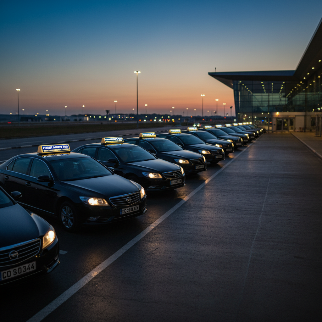 A line of well-maintained dark-colored sedans and vans, clearly marked as private airport taxis, neatly parked in a dedicated pickup lane outside Douala International Airport at dusk. LED headlights and discrete roof lights glow softly, illuminating the clean vehicles and casting gentle reflections on the smooth pavement. The modern terminal building and runway lights form a softly blurred backdrop. Photographic realism at eye level with a wide-angle composition, emphasizing a coordinated fleet ready for prebooked transport to Douala hotels and Kribi. The atmosphere is calm, efficient, and trustworthy, with balanced cool and warm lighting suggesting 24/7 availability and professional service.